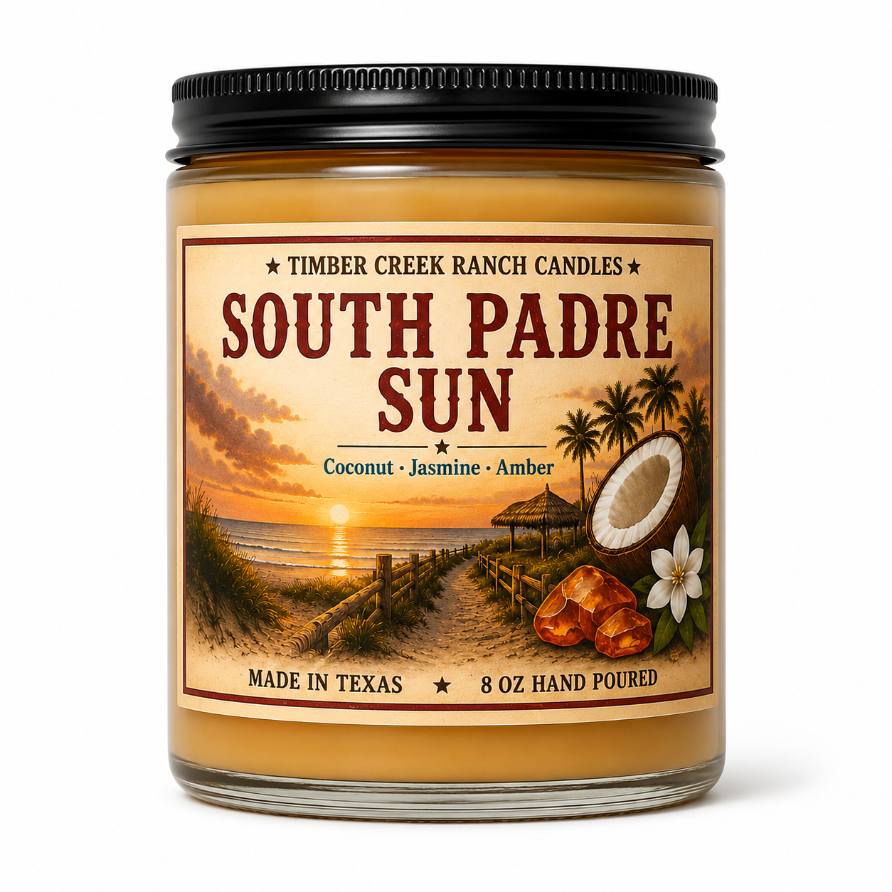 South Padre Sun Coconut Jasmine Amber -  Clear Glass Candle, 8 oz Wood Wick