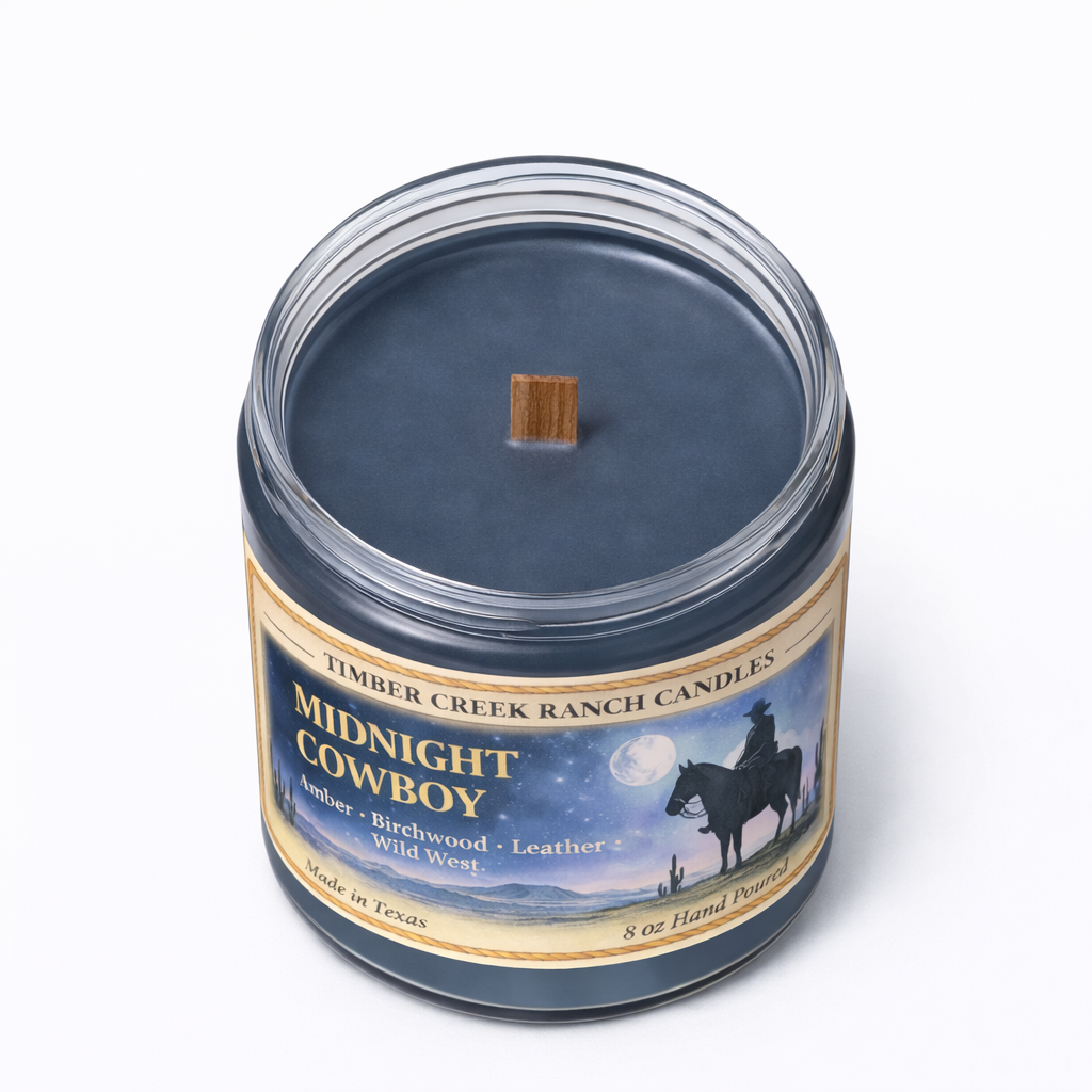 Midnight Cowboy 8 oz Wood Wick Glass Candle