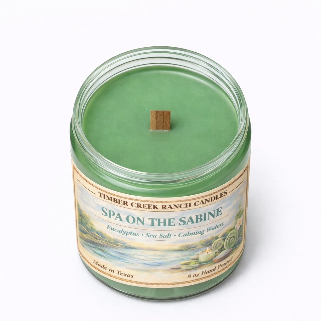 Spa on the Sabine - Glass Candle 8 oz Wood Wick. Calm Mint Eucalyptus Serenity
