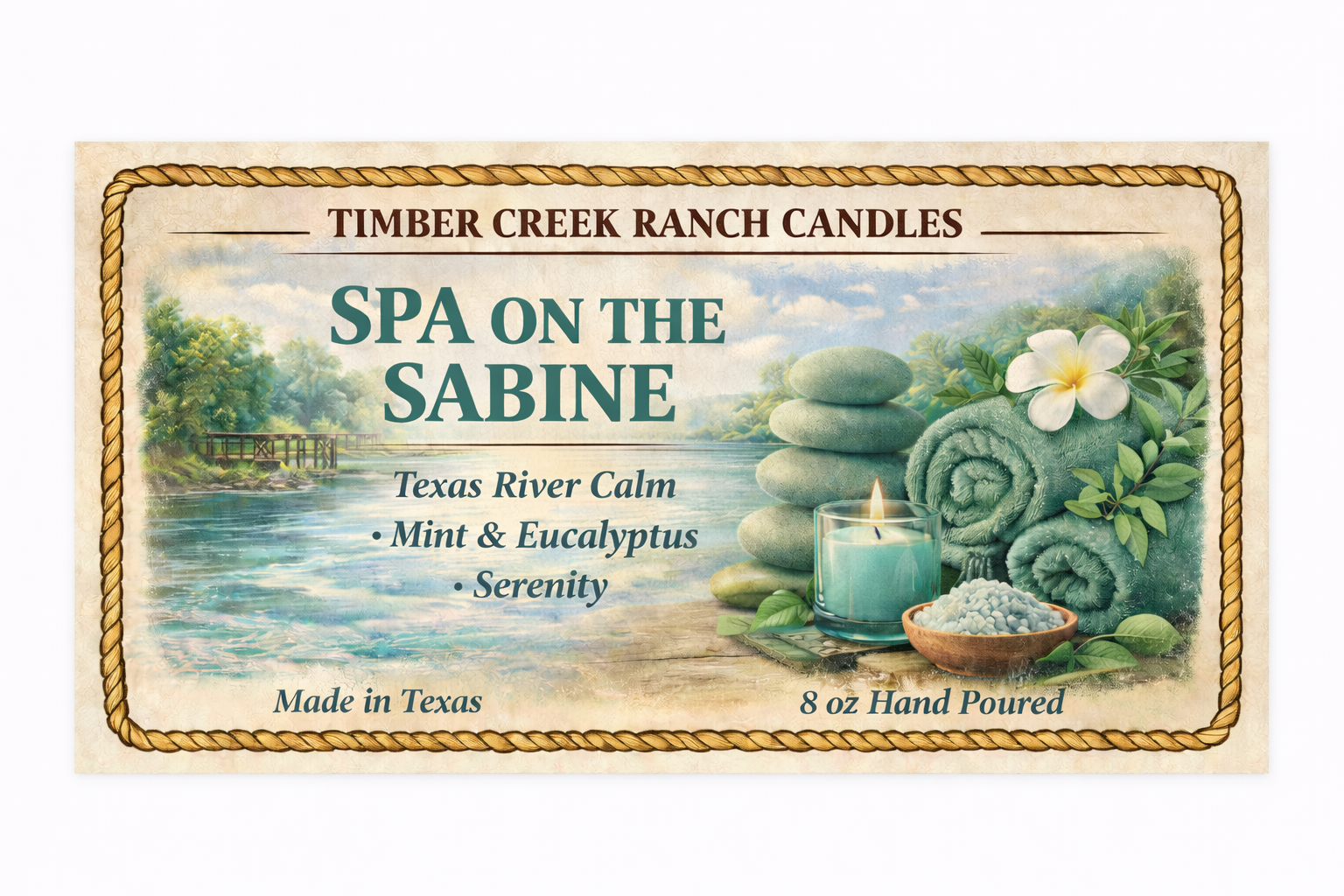 Spa on the Sabine - Glass Candle 8 oz Wood Wick. Calm Mint Eucalyptus Serenity