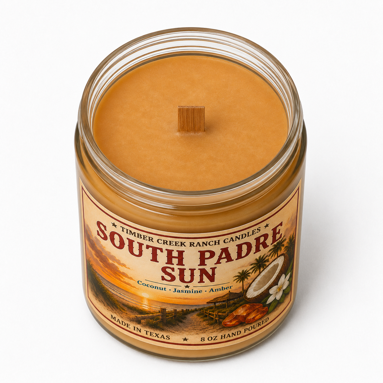 South Padre Sun Coconut Jasmine Amber -  Clear Glass Candle, 8 oz Wood Wick