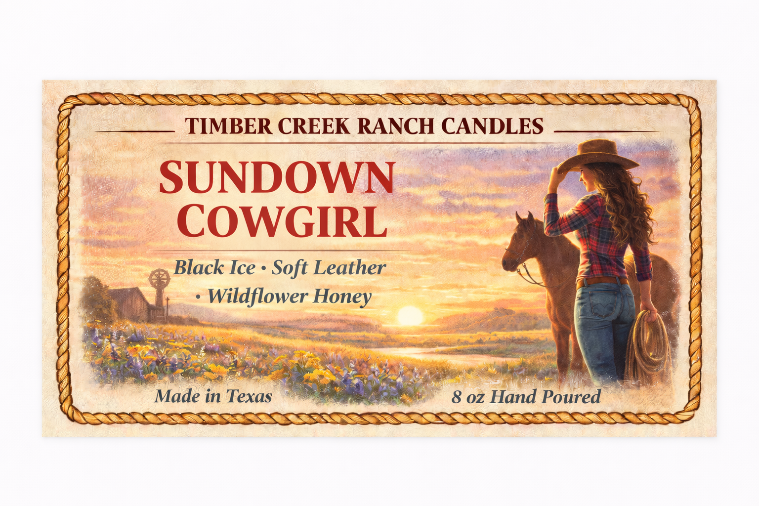 Sundown Cowgirl Glass Candle, 8 oz Wood Wick