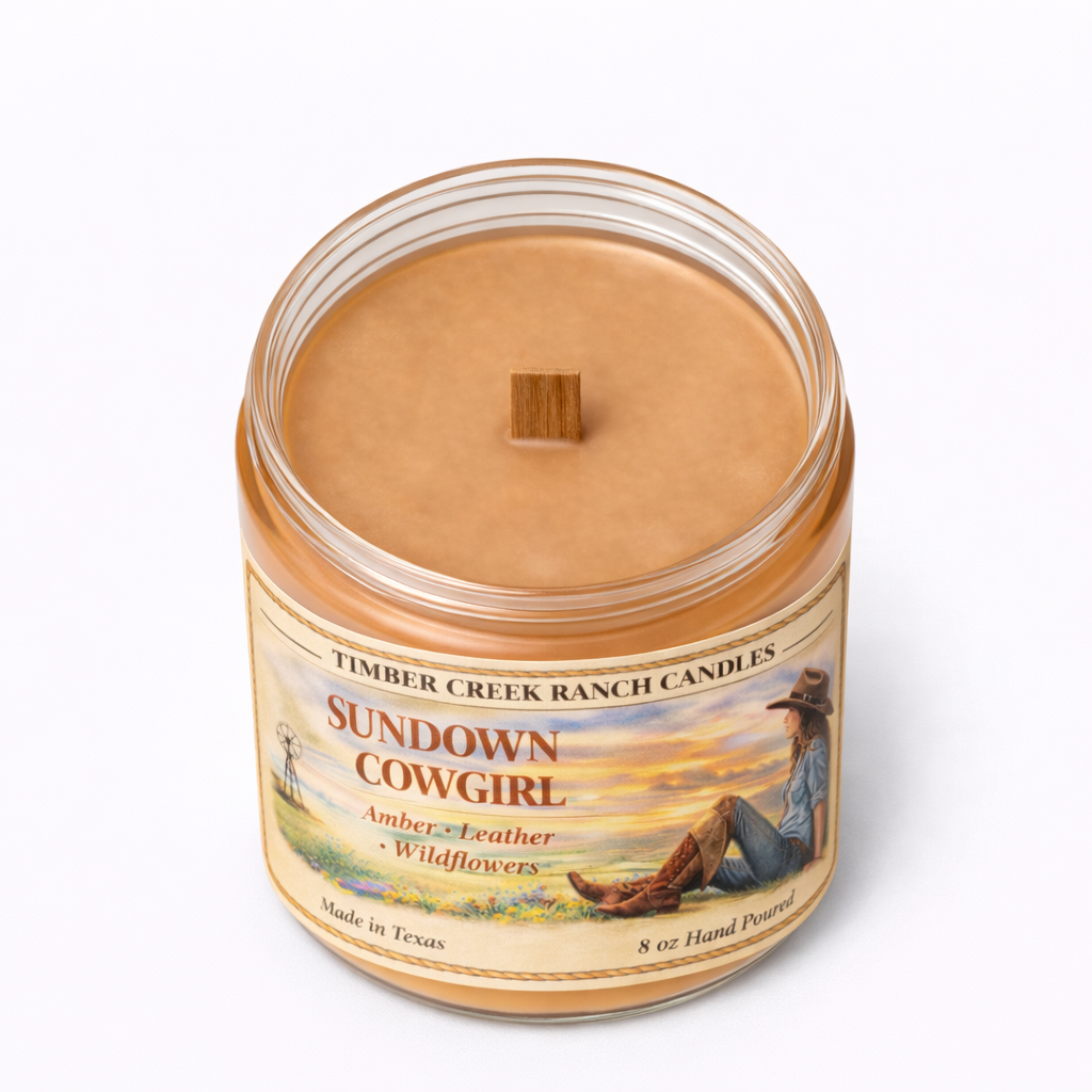 Sundown Cowgirl Glass Candle, 8 oz Wood Wick