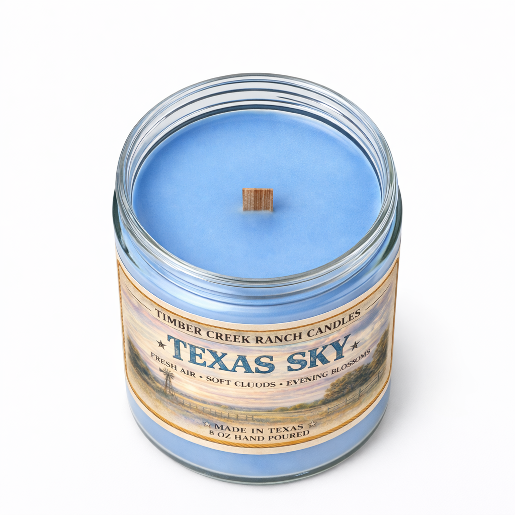 Texas Sky Blue Glass Candle, 8 oz Wood Wick